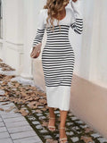 Striped V-Neck Long Sleeve Sweater Dress - Trendsi - Flyclothing LLC