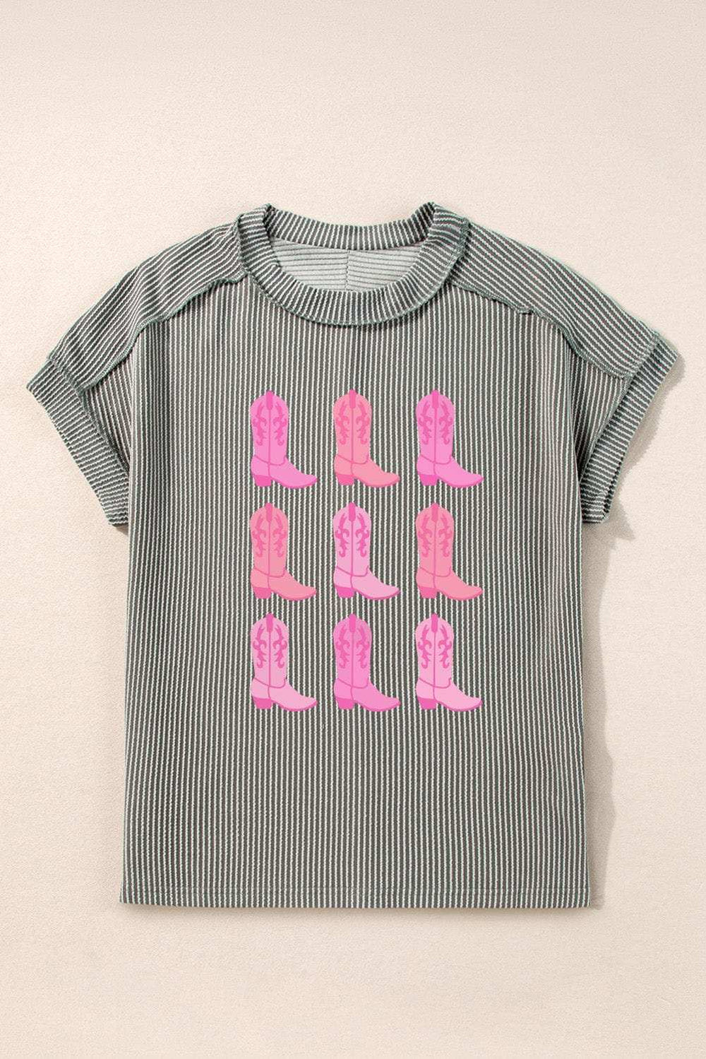 Boots Graphic Striped Round Neck Short Sleeve T-Shirt - Trendsi - Flyclothing LLC
