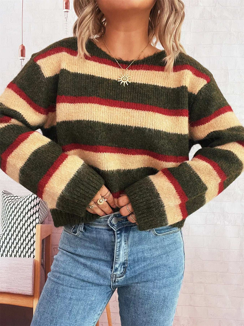 Striped Round Neck Long Sleeve Sweater - Trendsi - Flyclothing LLC