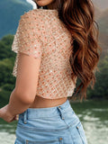 Sequin Bead Trim Round Neck Short Sleeve Blouse - Trendsi - Flyclothing LLC