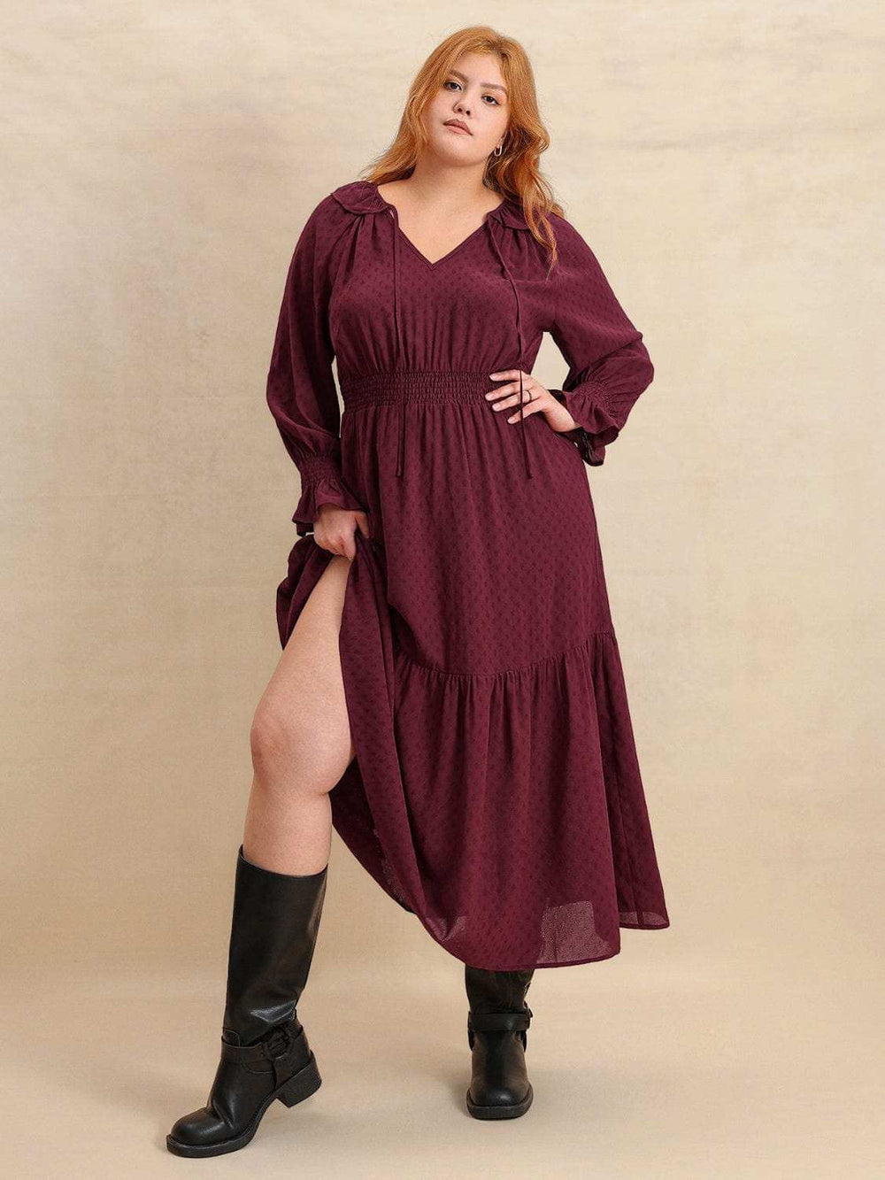 Plus Size Swiss Dot Tie Neck Flounce Sleeve Maxi Dress - Trendsi - Flyclothing LLC