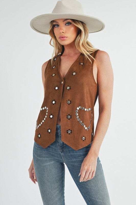 Aemi + Co Heart Rivet Detail Suede Vest Coat - Trendsi - Flyclothing LLC
