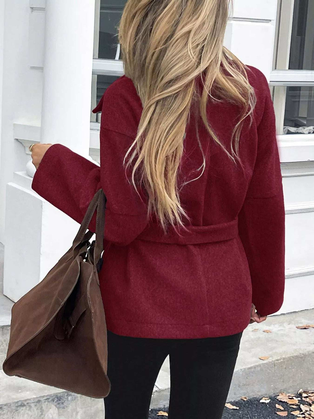 Tie Waist Wool Blend Outerwear - Trendsi - Flyclothing LLC