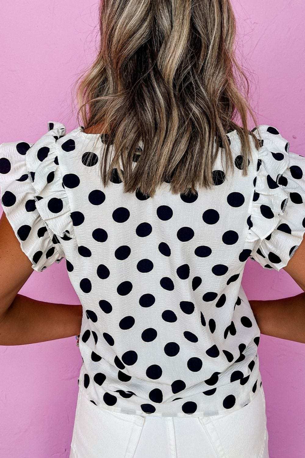 Polka Dot Ruffled Cap Sleeve V Neck Blouse - Trendsi - Flyclothing LLC