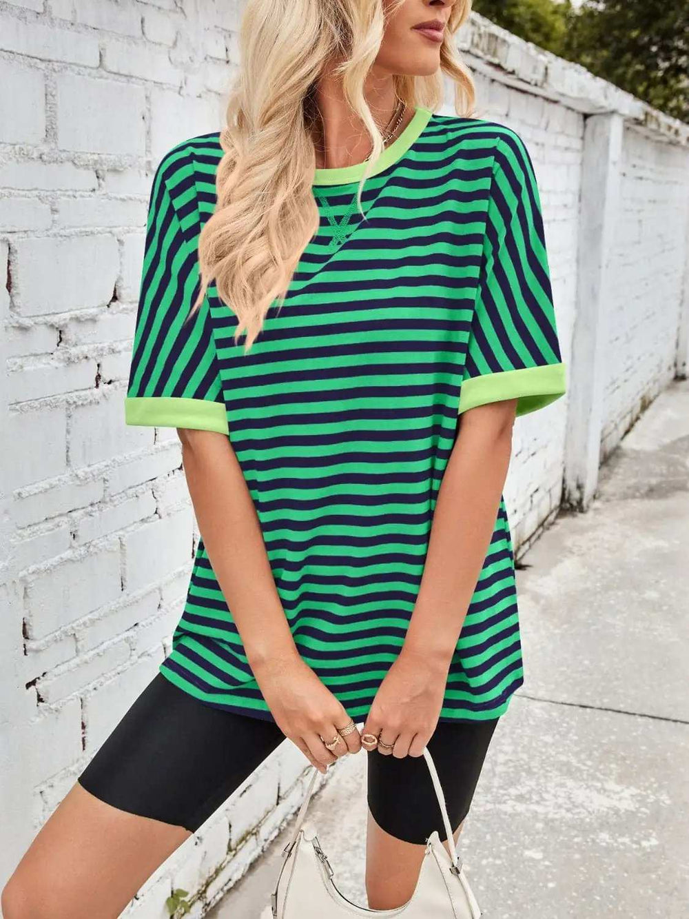 Lovelet Striped Round Neck Half Sleeve T-Shirt - Trendsi - Flyclothing LLC