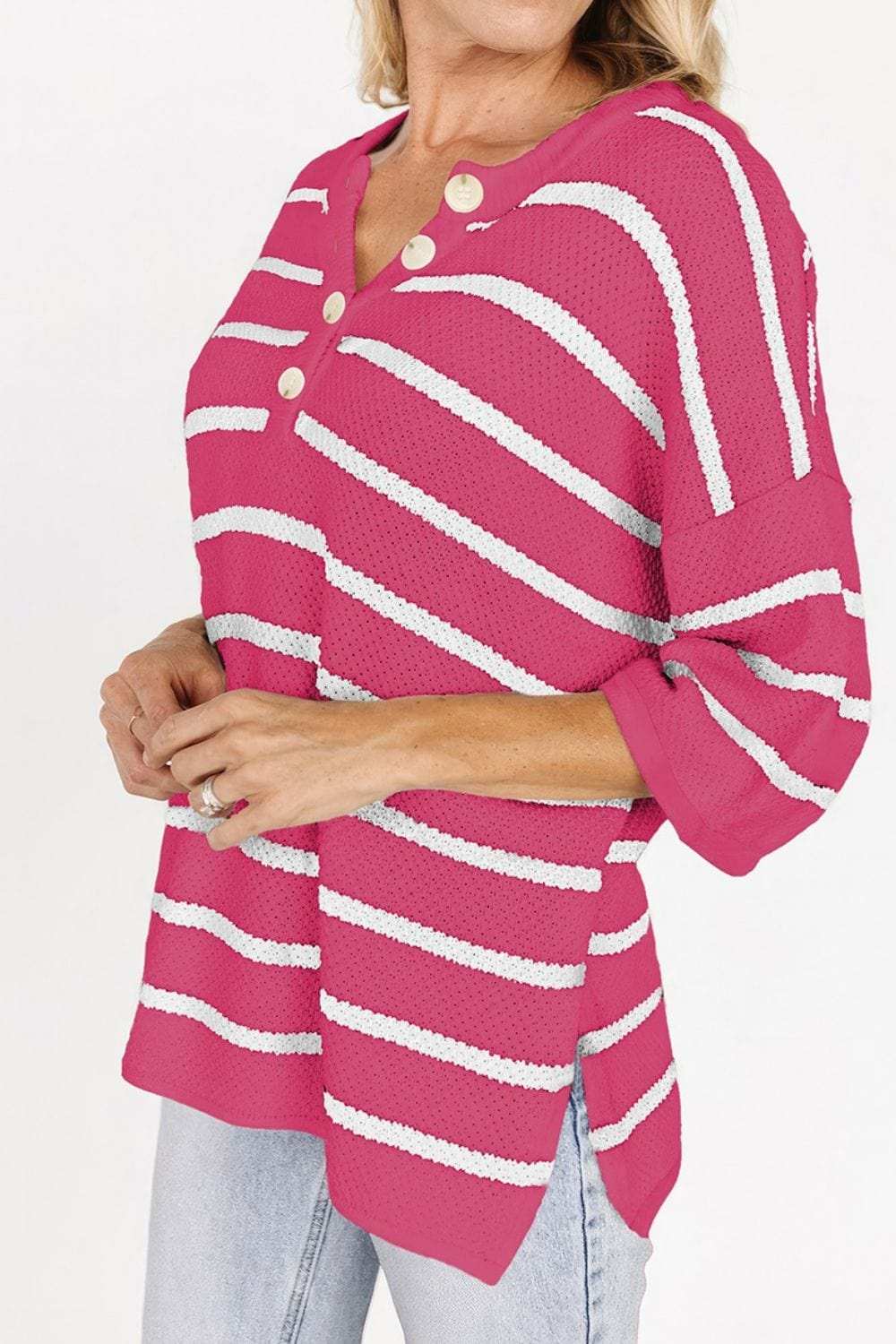 Stripe Drop Shoulder Side Slit Knit Top - Trendsi - Flyclothing LLC