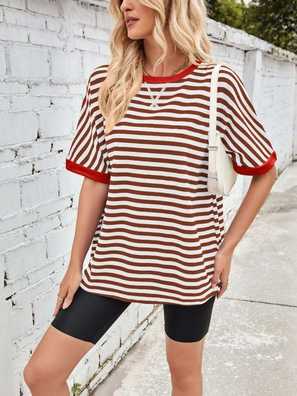 Lovelet Striped Round Neck Half Sleeve T-Shirt - Trendsi - Flyclothing LLC