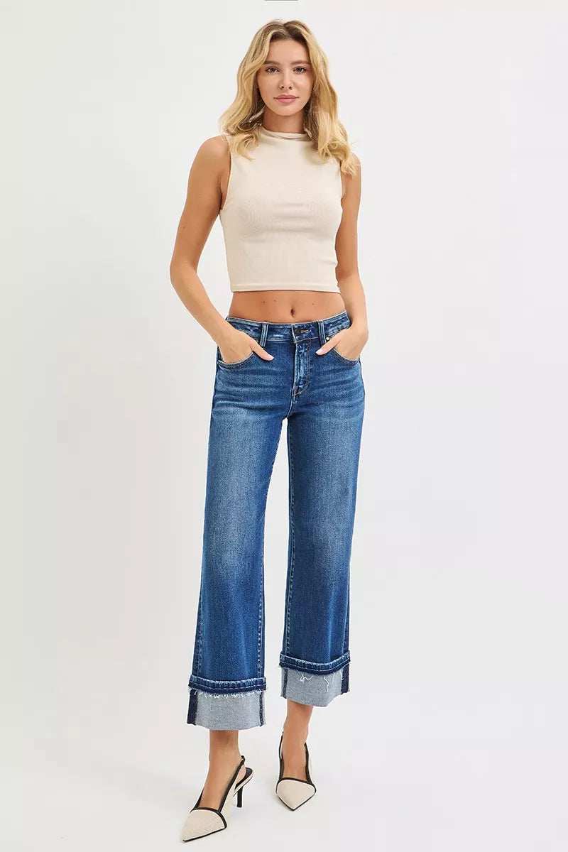 RISEN Mid Rise Ankle Straight Jeans with Cuffed Hem - Trendsi - Flyclothing LLC
