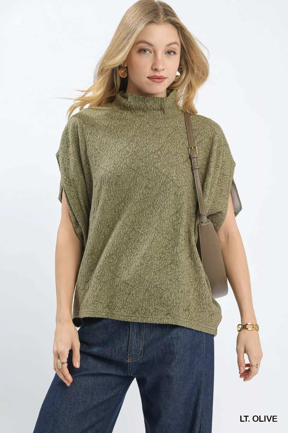 Umgee Textured Mock Neck Relaxed Top - Trendsi - Flyclothing LLC