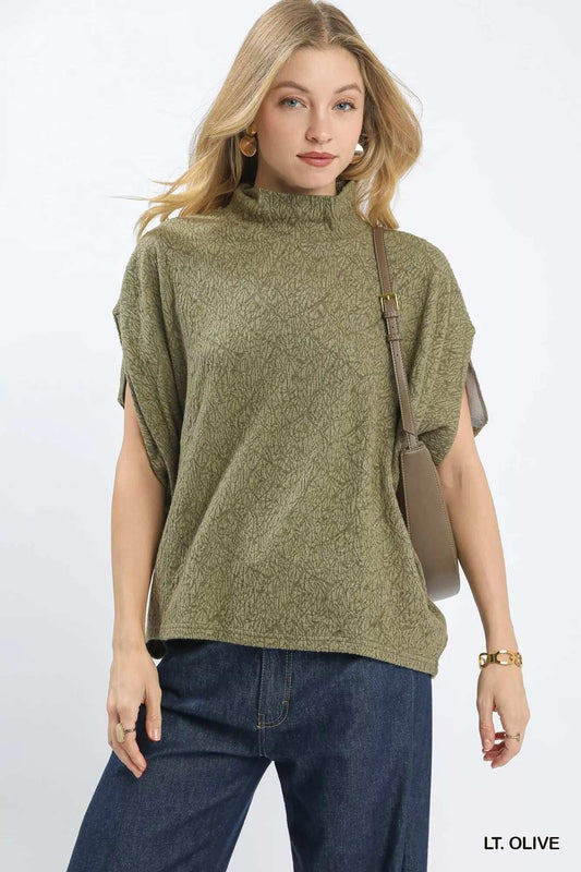 Umgee Textured Mock Neck Relaxed Top - Trendsi - Flyclothing LLC