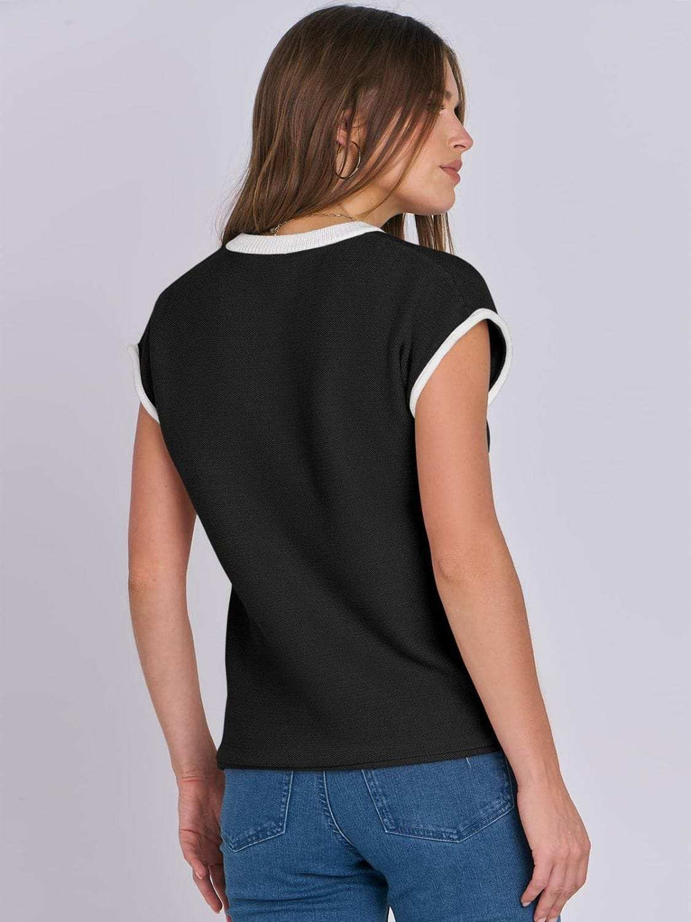 Mandy Contrast Round Neck Cap Sleeve Sweater - Trendsi - Flyclothing LLC