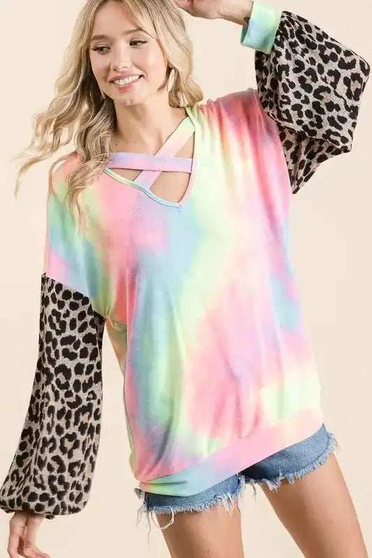BiBi Tie Dye Terry Top with Leopard Puff Sleeves - Trendsi - Flyclothing LLC