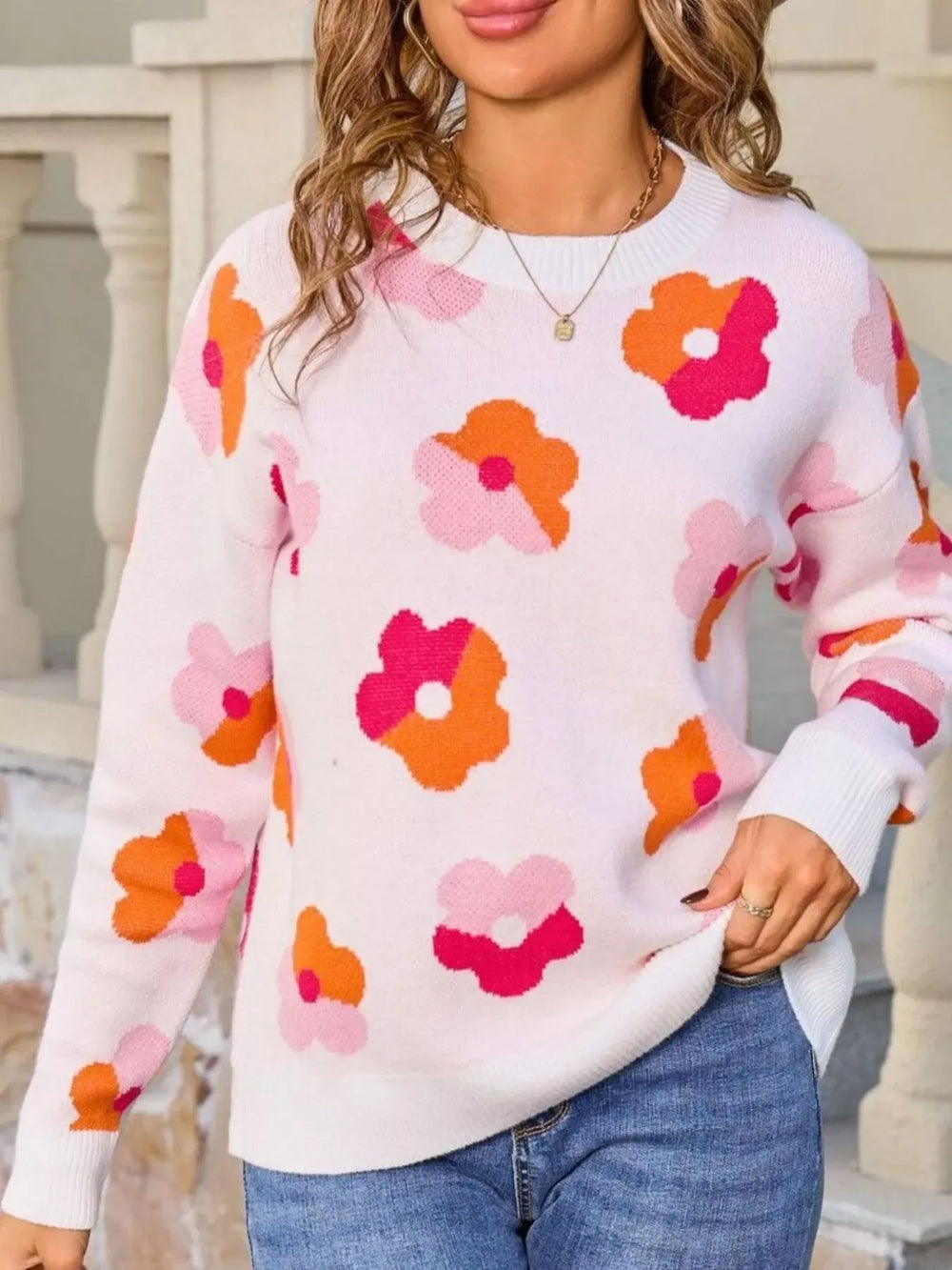 Floral Crew Neck Long Sleeve Sweater - Trendsi - Flyclothing LLC