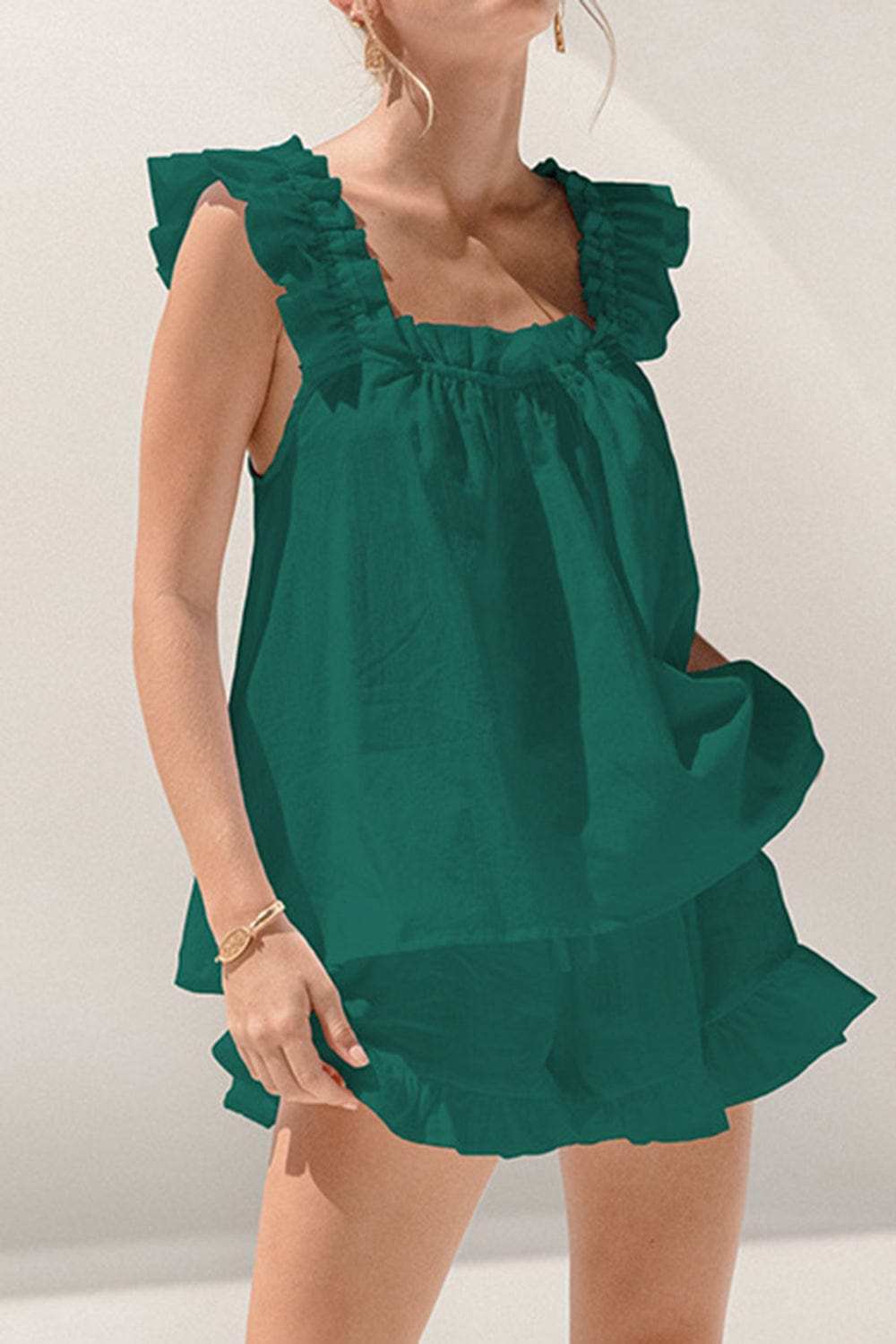 Ruffled Square Neck Top and Shorts Set - Trendsi - Flyclothing LLC