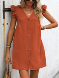 Button Up V-Neck Cap Sleeve Mini Dress - Trendsi - Flyclothing LLC