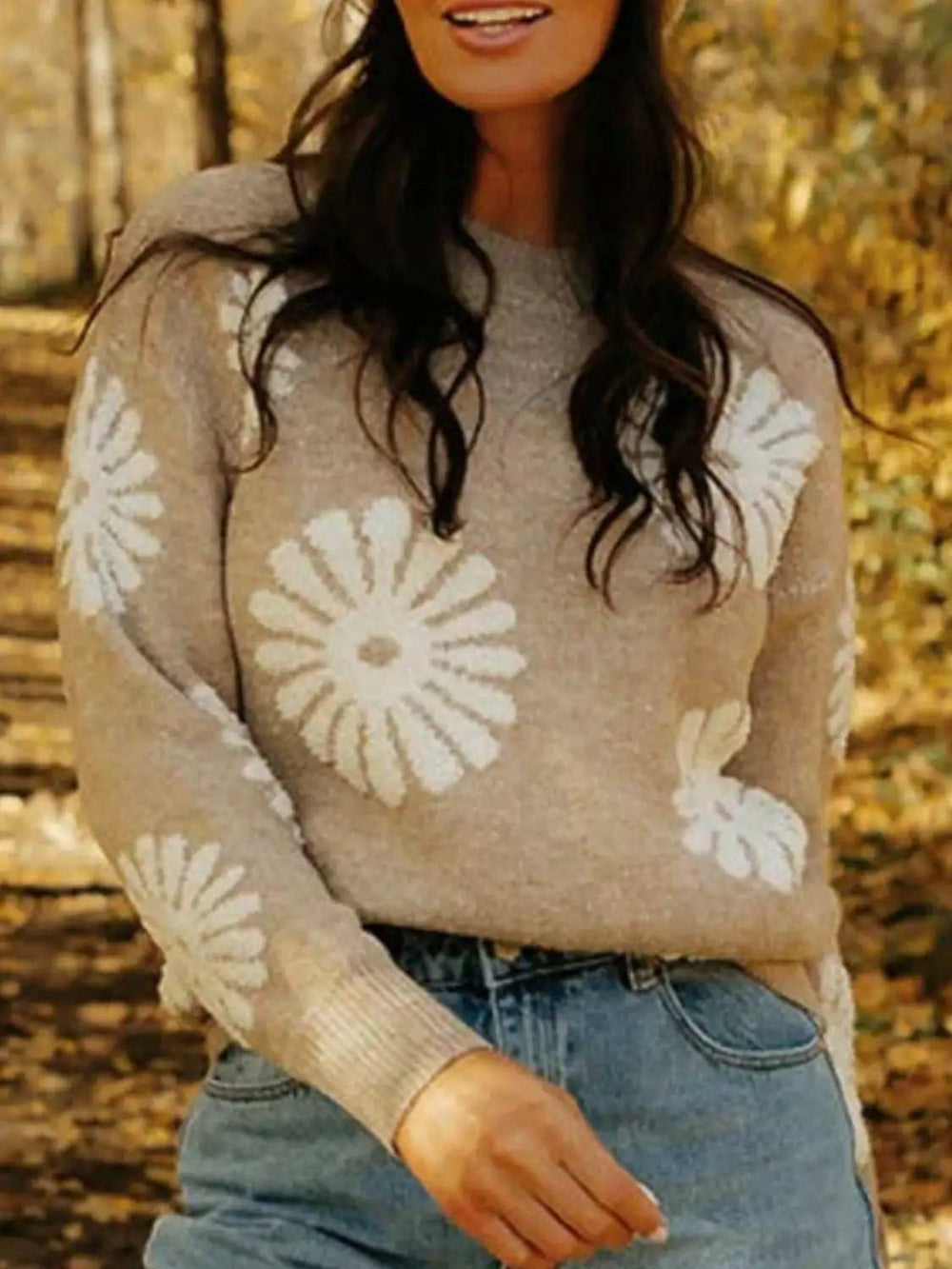 Flower Round Neck Long Sleeve Sweater - Trendsi - Flyclothing LLC