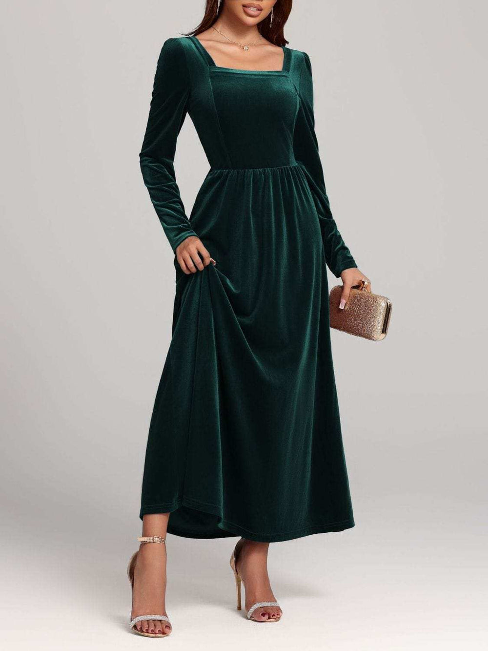 Velvet Square Neck Long Sleeve Dress - Trendsi - Flyclothing LLC
