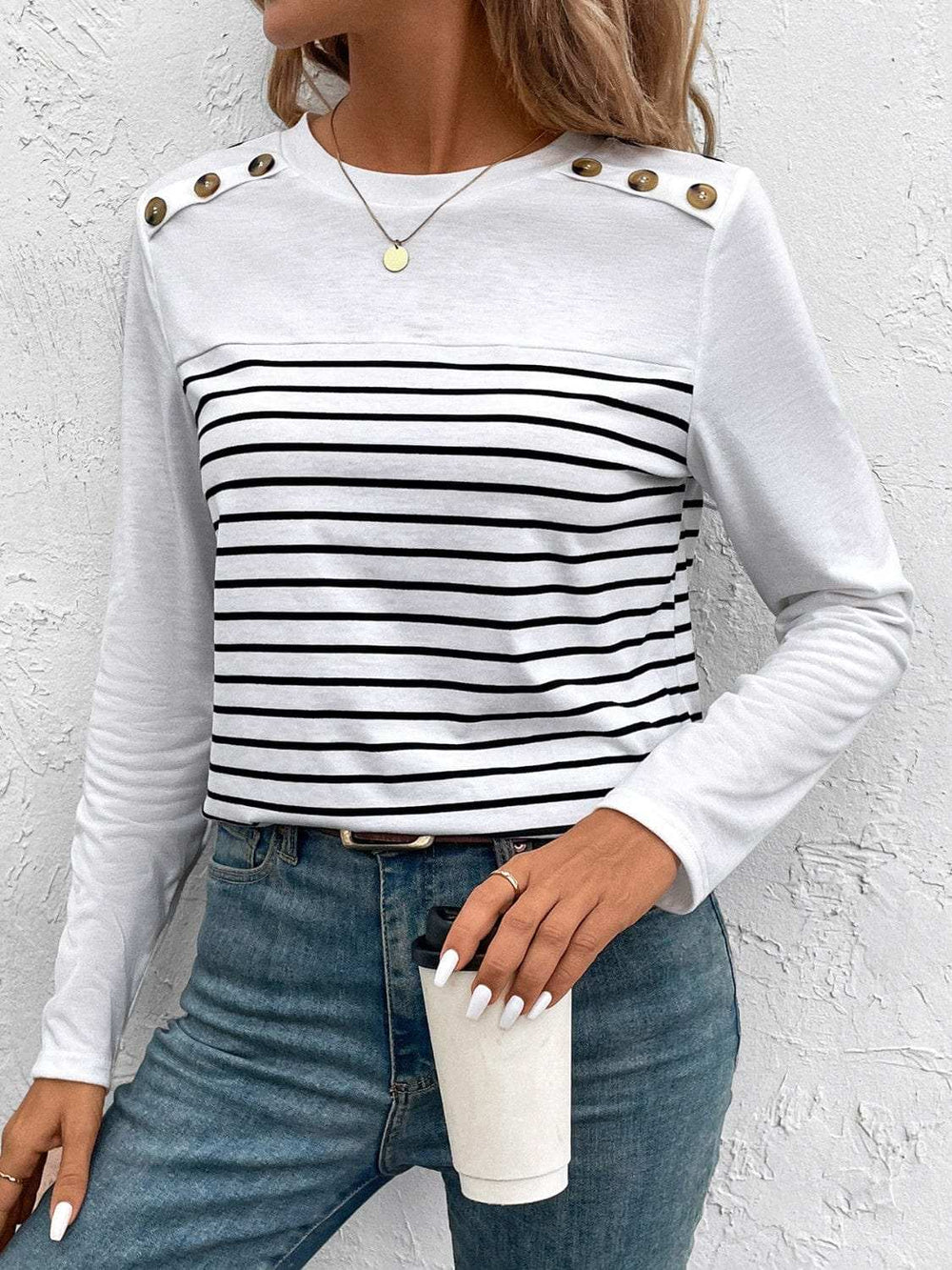 Decorative Button Striped Round Neck Long Sleeve T-Shirt - Trendsi - Flyclothing LLC