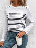 Decorative Button Striped Round Neck Long Sleeve T-Shirt - Trendsi - Flyclothing LLC