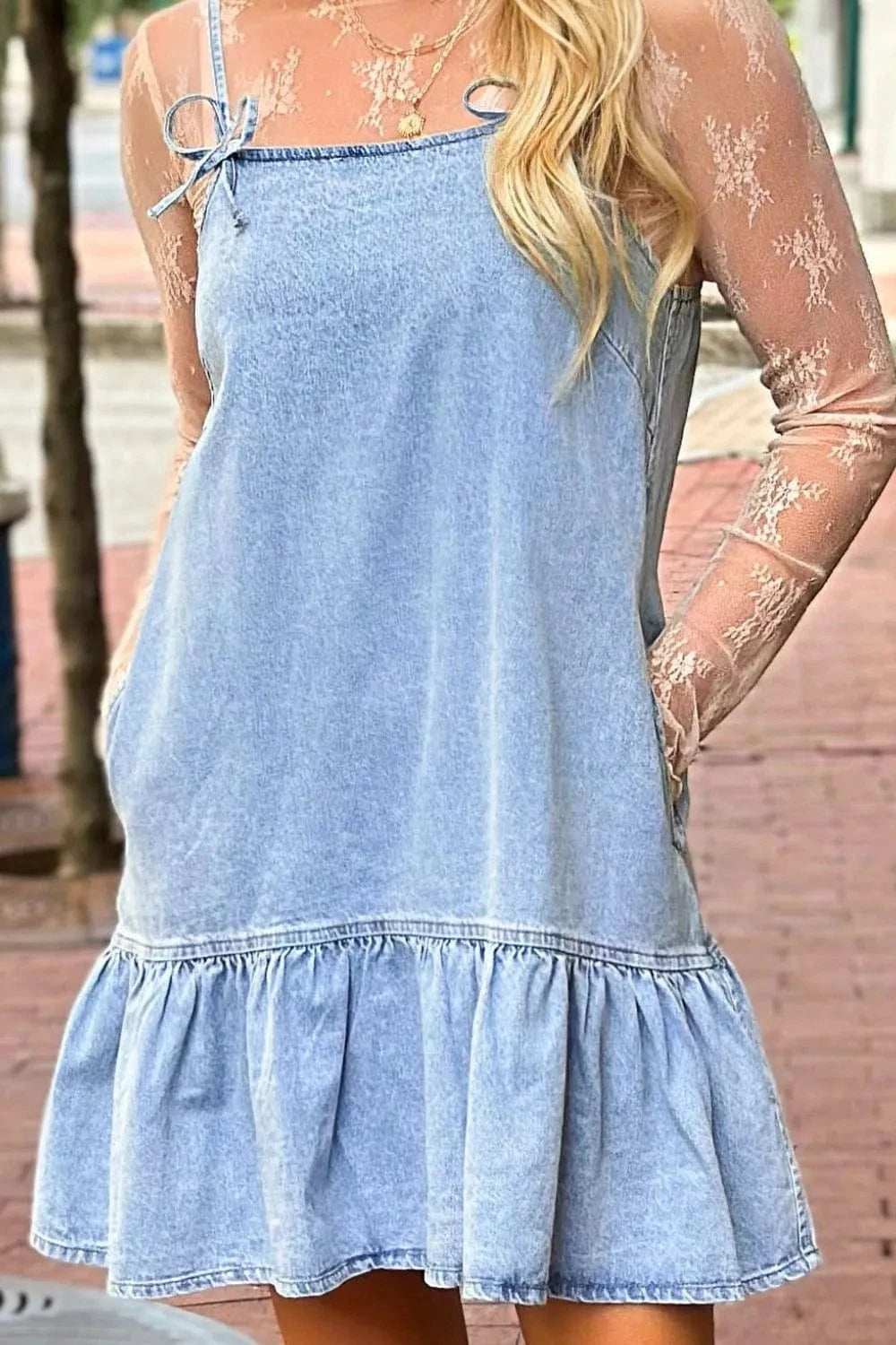 Bow Detail Spaghetti Straps Ruffle Hem Denim Dress - Trendsi - Flyclothing LLC