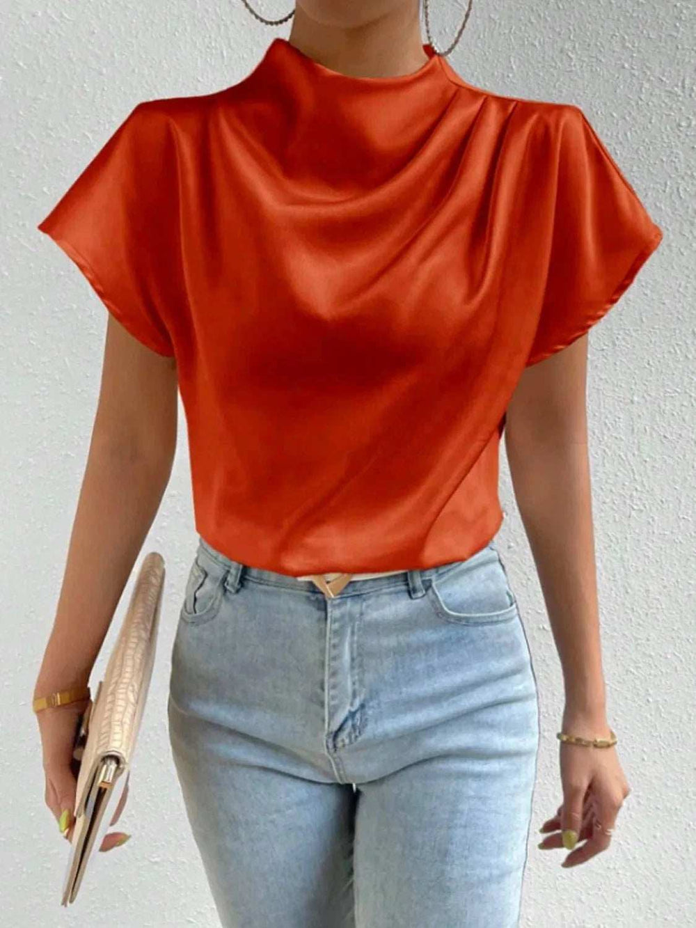 Mock Neck Short Sleeve Blouse - Trendsi - Flyclothing LLC