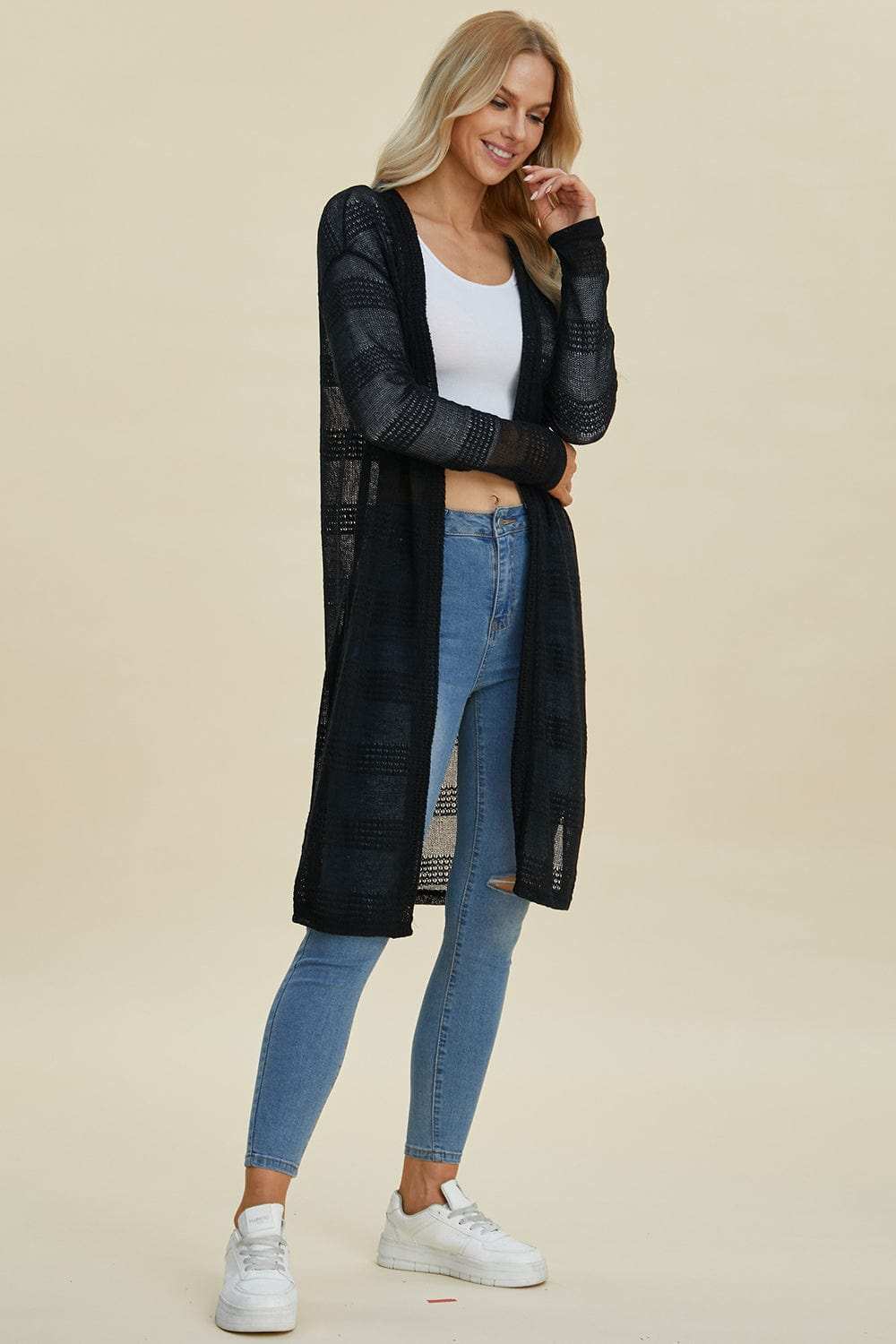 Double Take Full Size Open Front Longline Cardigan - Trendsi - Flyclothing LLC