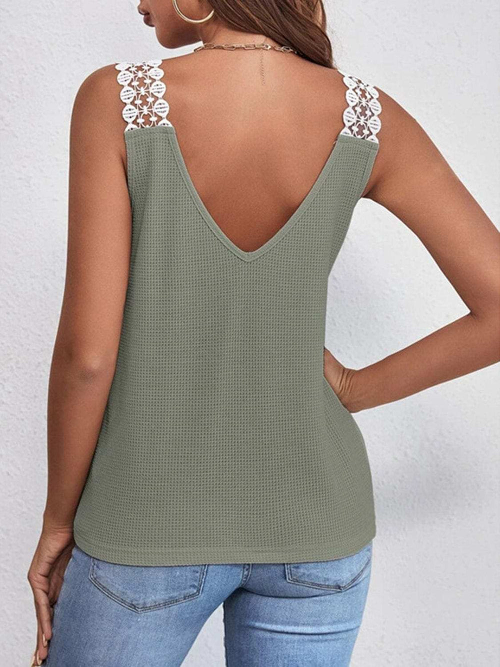 Lace Detail Waffle-Knit V-Neck Tank - Trendsi - Flyclothing LLC