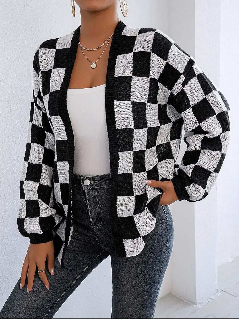 Checkered Open Front Long Sleeve Cardigan - Trendsi - Flyclothing LLC