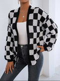 Checkered Open Front Long Sleeve Cardigan - Trendsi - Flyclothing LLC