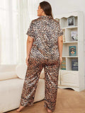 Plus Size Leopard Short Sleeve Top and Pants Lounge Set - Trendsi - Flyclothing LLC