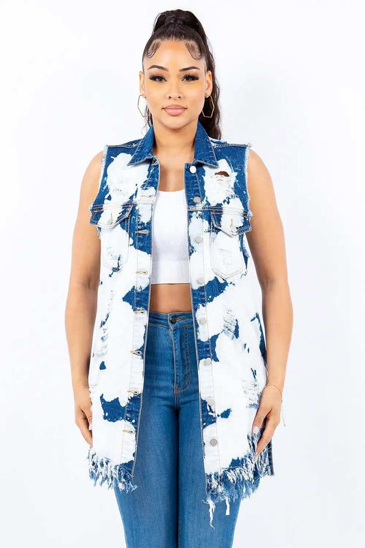 American Bazi Distressed Frayed Edge Longline Denim Vest - Trendsi - Flyclothing LLC