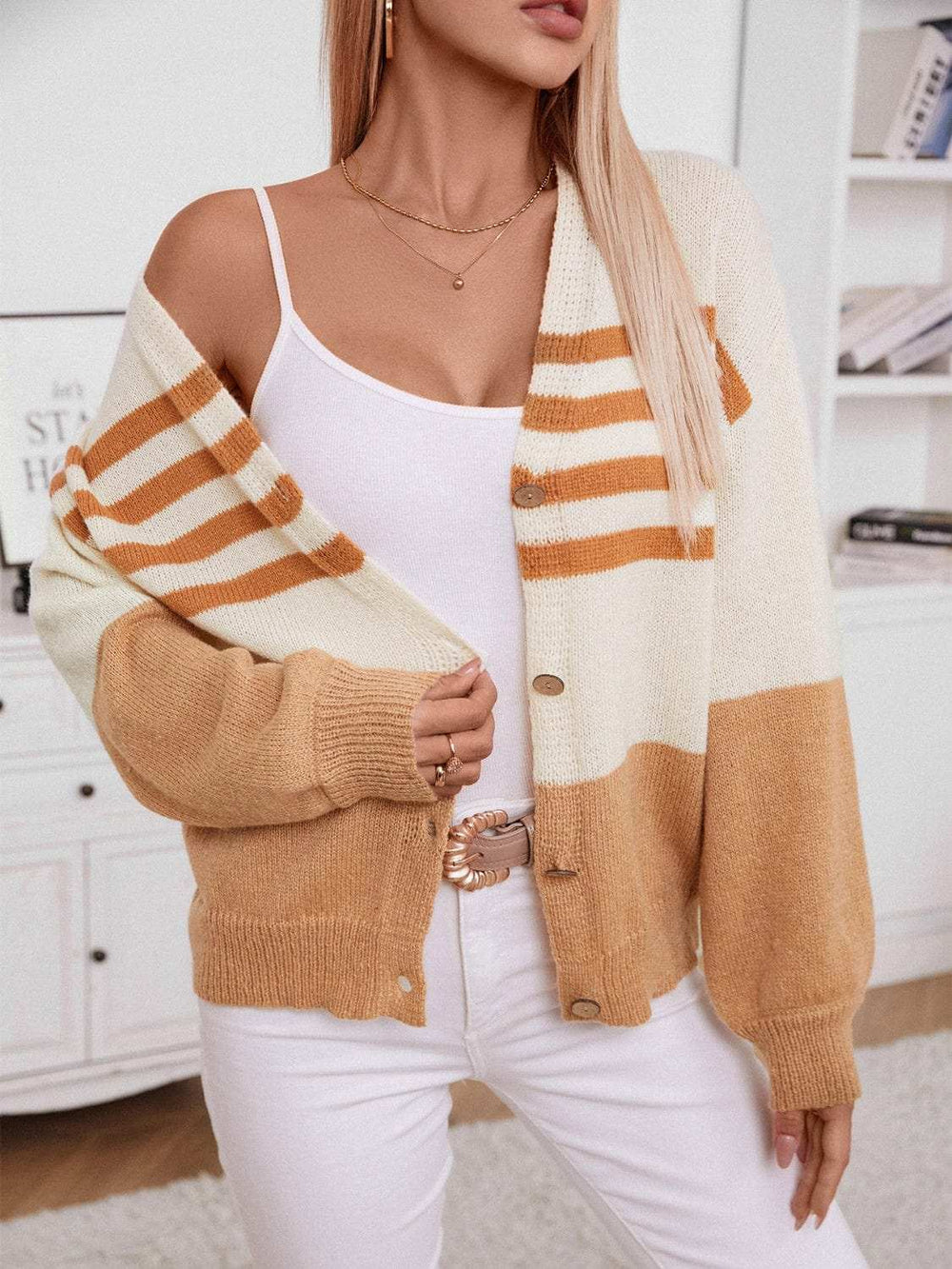 Color Block V-Neck Button Down Long Sleeve Cardigan - Trendsi - Flyclothing LLC