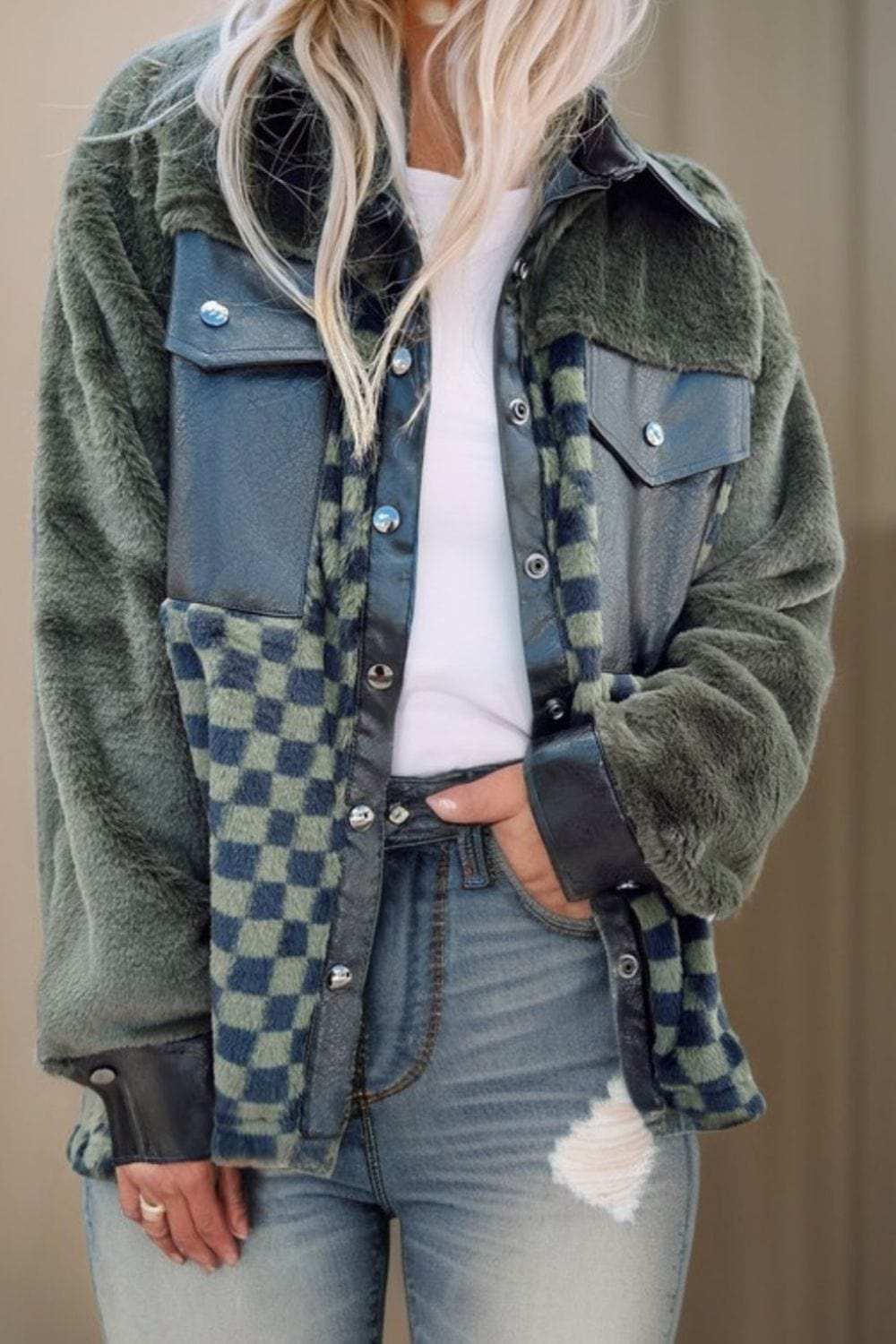 Pocketed Checkered Collared Neck Snap Down Jacket - Trendsi - Flyclothing LLC