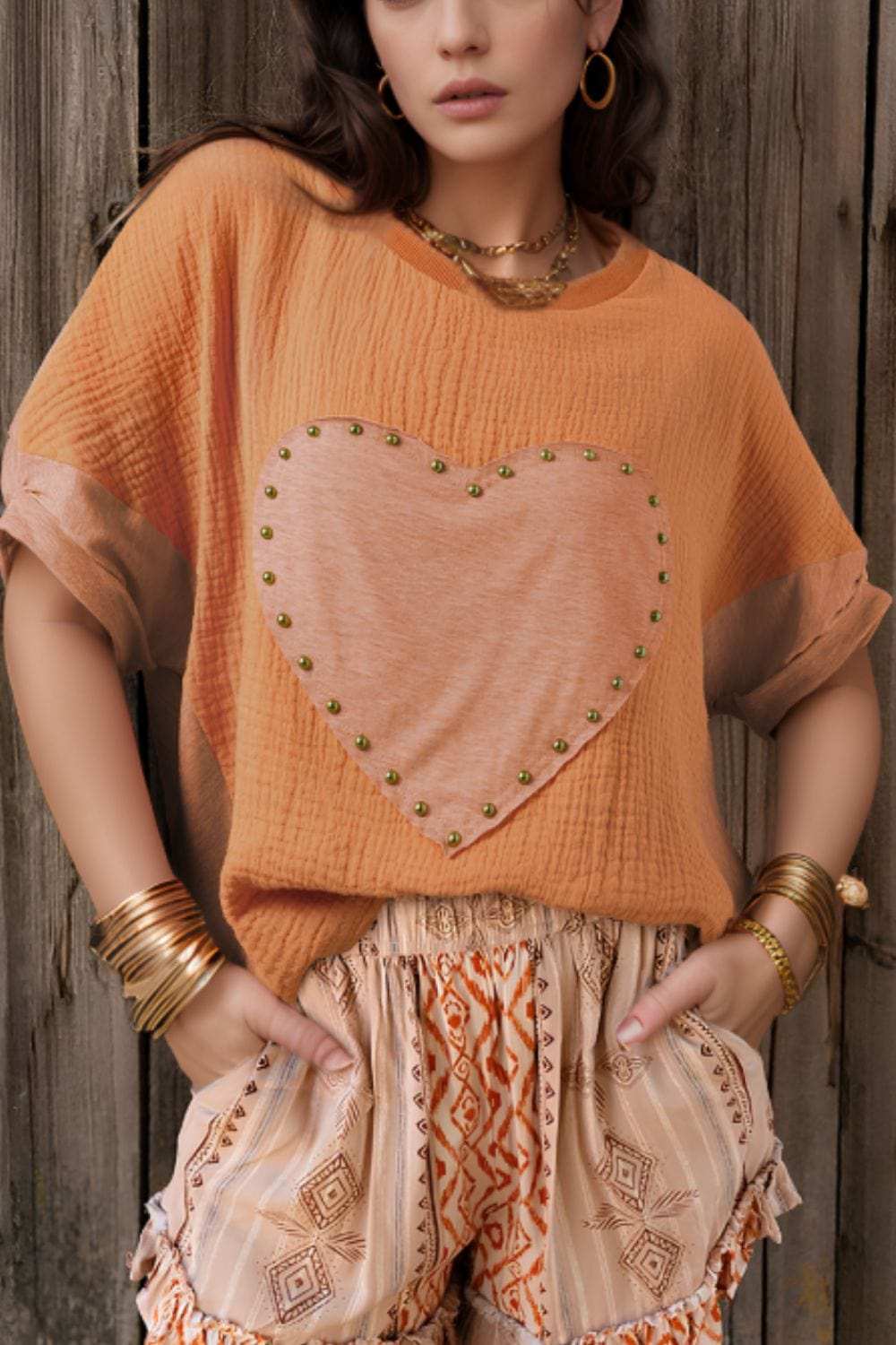 Stud Heart Patch Round Neck Short Sleeve T-Shirt - Trendsi - Flyclothing LLC