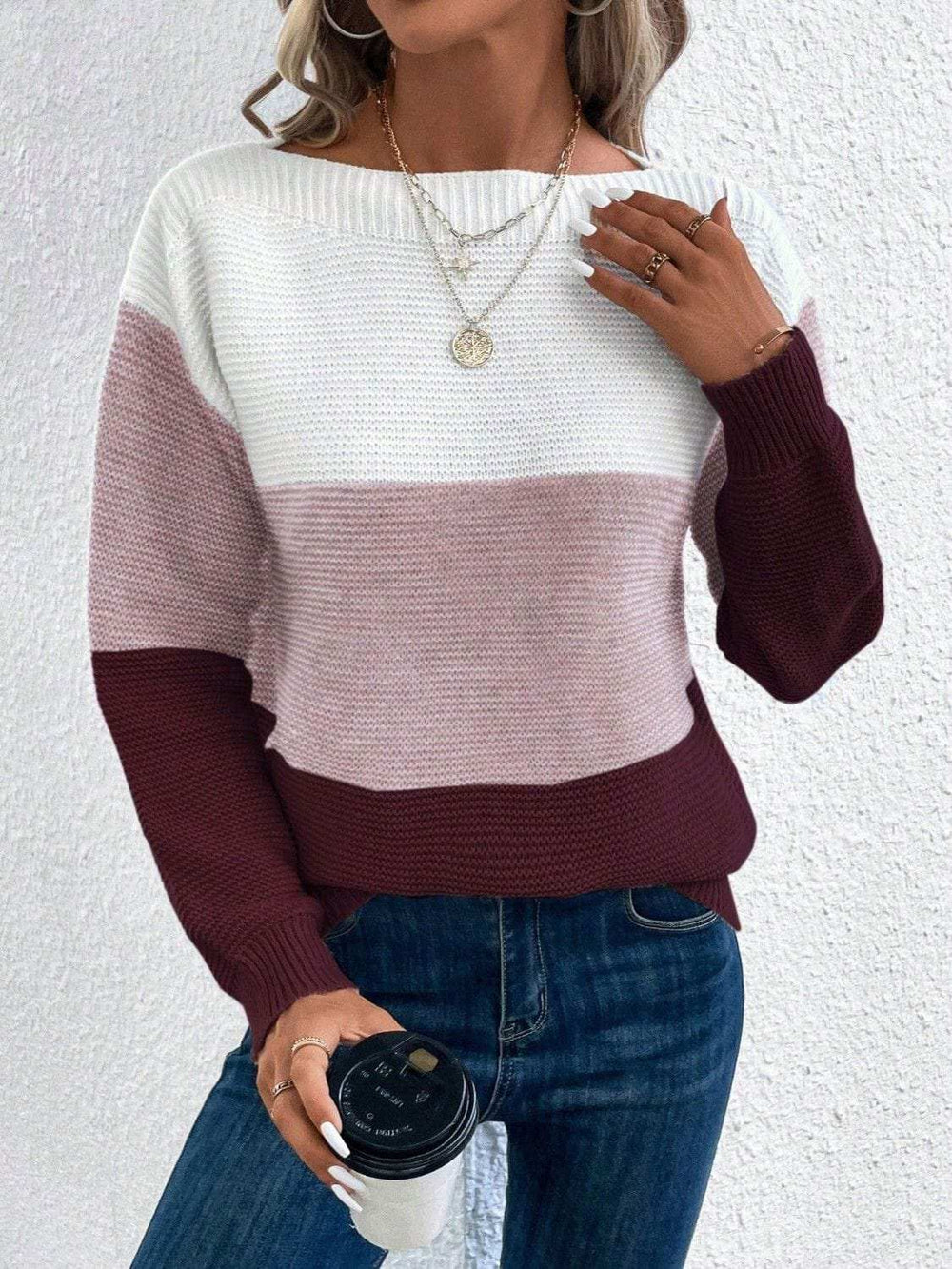 Color Block Boat Neck Sweater - Trendsi - Flyclothing LLC