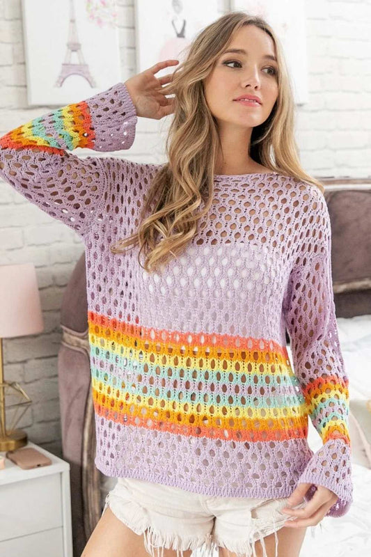 BiBi Rainbow Stripe Hollow Out Cover Up - Trendsi - Flyclothing LLC