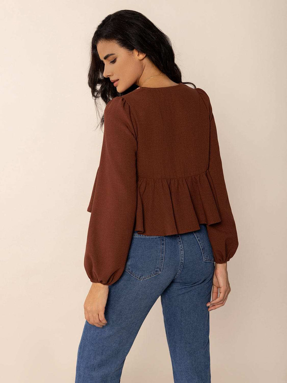 Peplum Tied V-Neck Long Sleeve Blouse - Trendsi - Flyclothing LLC