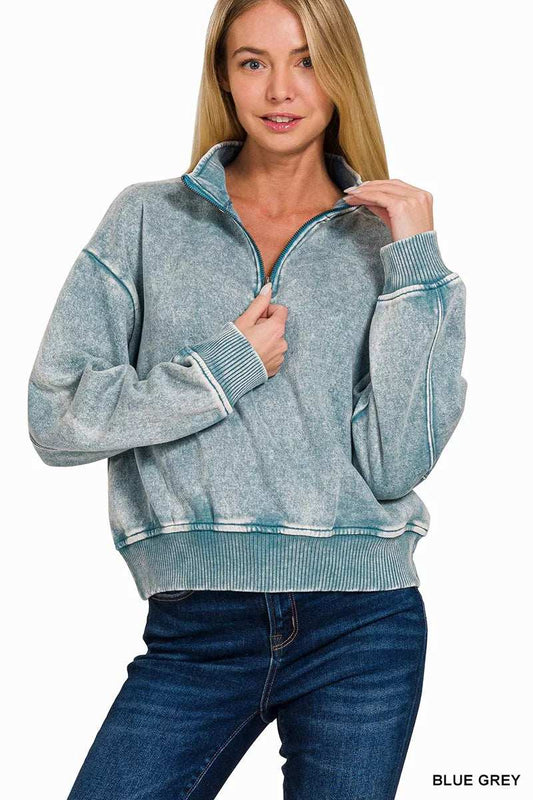 Zenana Acid Wash Fleece Half Zip Sweatshirt - Trendsi - Flyclothing LLC