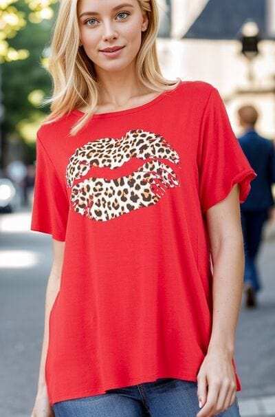 Heimish Full Size Leopard Lip Round Neck Short Sleeve T-Shirt Plus Size - Trendsi - Flyclothing LLC