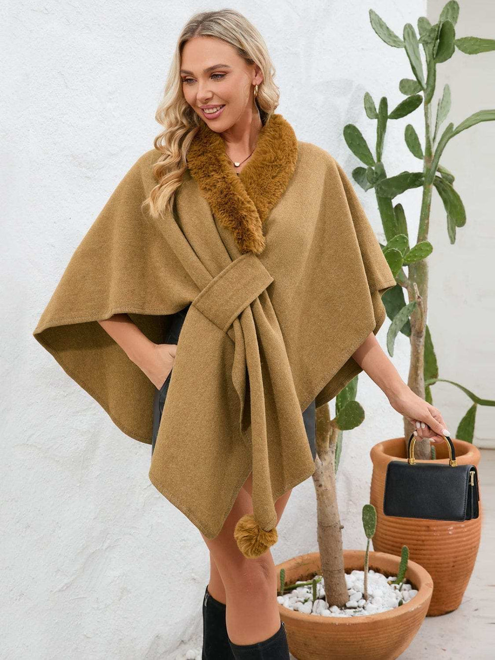 Fuzzy Trim Open Front Poncho - Trendsi - Flyclothing LLC