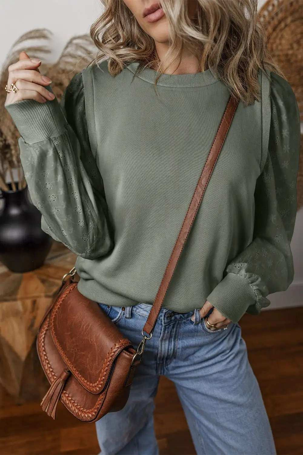 Eyelet Round Neck Long Sleeve Sweatshirt - Trendsi - Flyclothing LLC