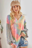 BiBi V Neck Tie Dye French Terry Top with Shiny - Trendsi - Flyclothing LLC