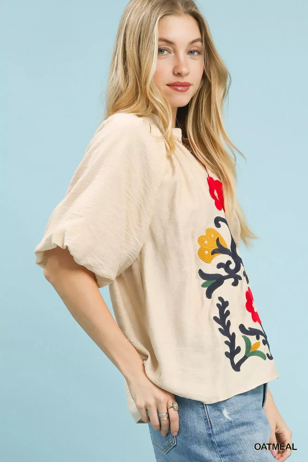 Umgee Embroidered Boho Puff Sleeve Blouse - Trendsi - Flyclothing LLC
