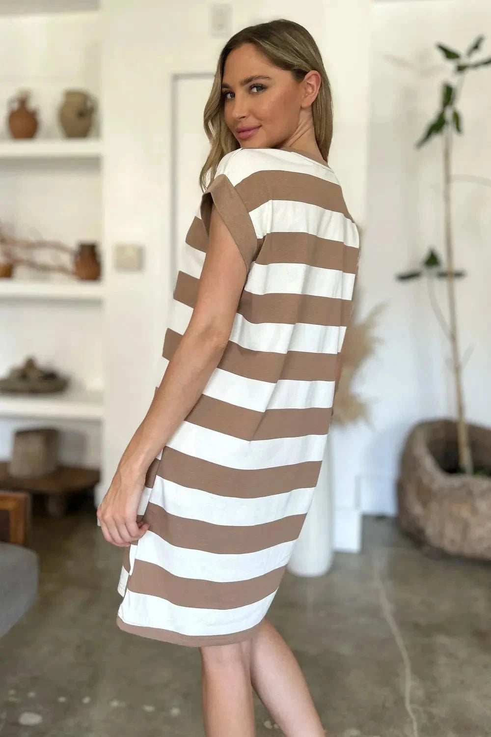 Basic Bae Full Size Striped Round Neck Cap Sleeve Mini Dress - Trendsi - Flyclothing LLC