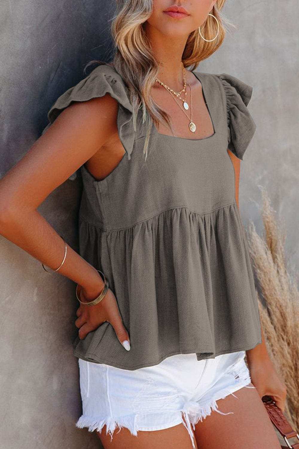 Full Size Ruffled Square Neck Cap Sleeve Blouse - Trendsi - Flyclothing LLC
