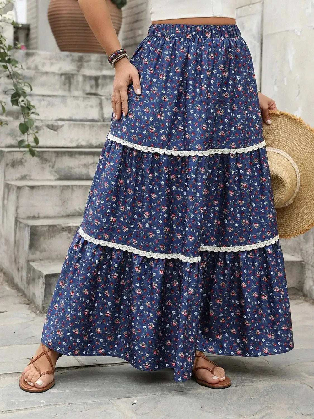 Plus Size Floral Elastic Waist Maxi Skirt - Trendsi - Flyclothing LLC