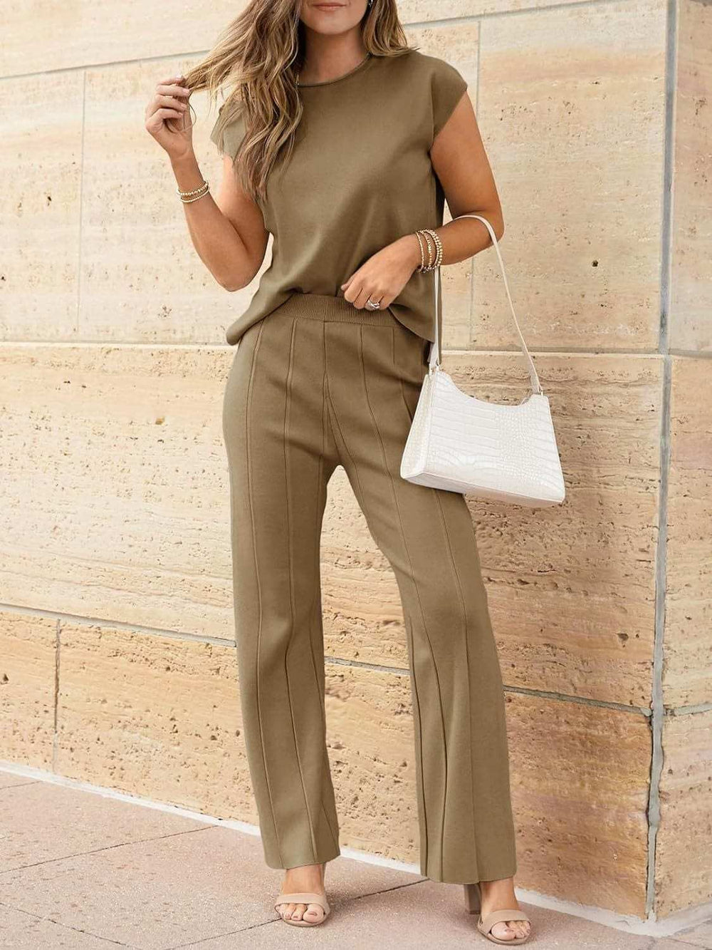 Round Neck Cap Sleeve Top and Pants Knit Set - Trendsi - Flyclothing LLC