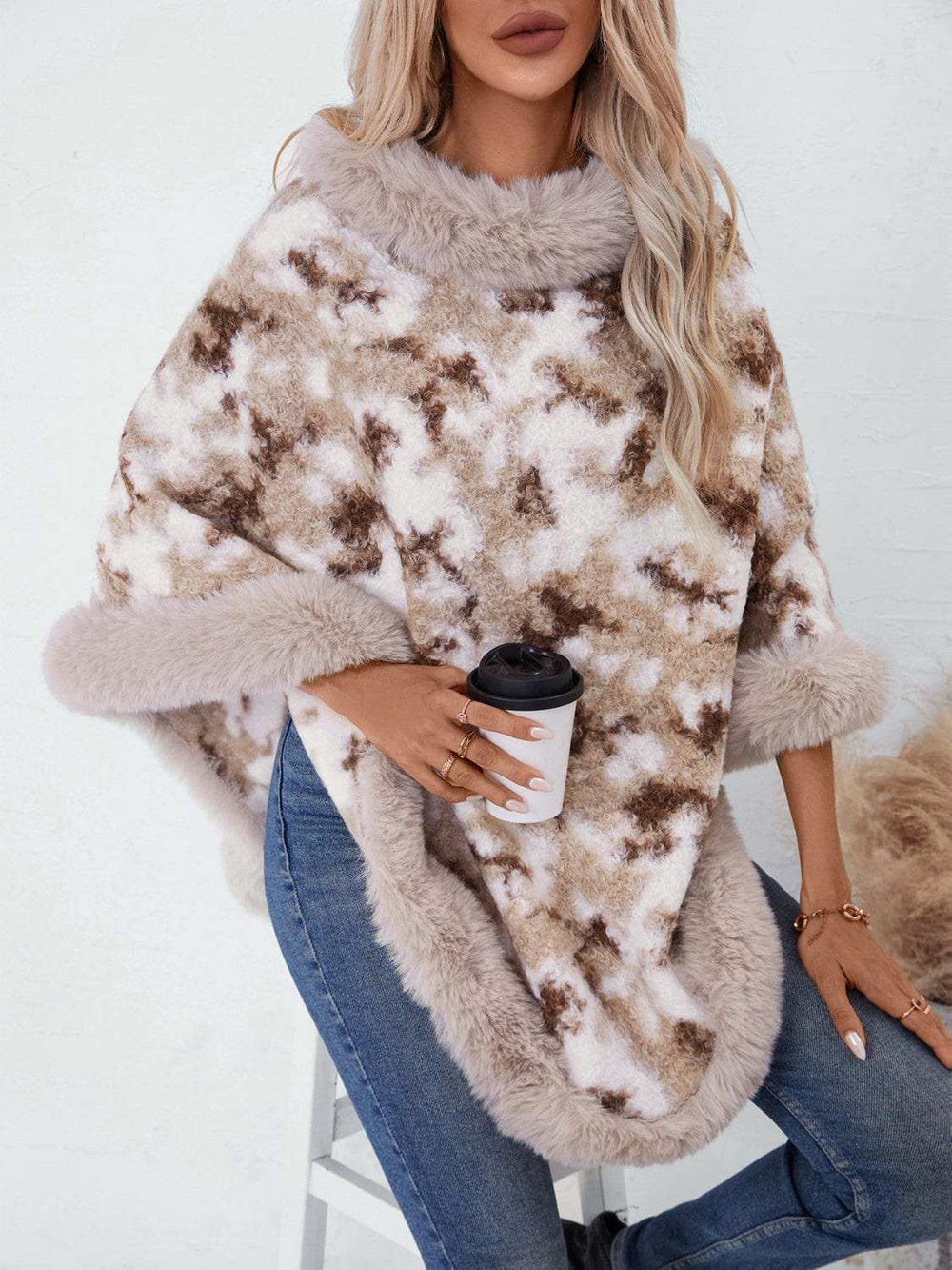 Furry Contrast Three-Quarter Poncho - Trendsi - Flyclothing LLC