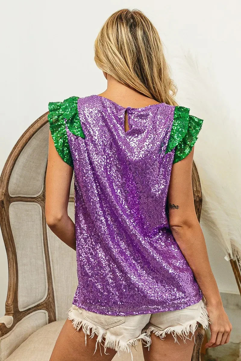 BiBi Mardi Gras Sequin Color Block Ruffled Top - Trendsi - Flyclothing LLC