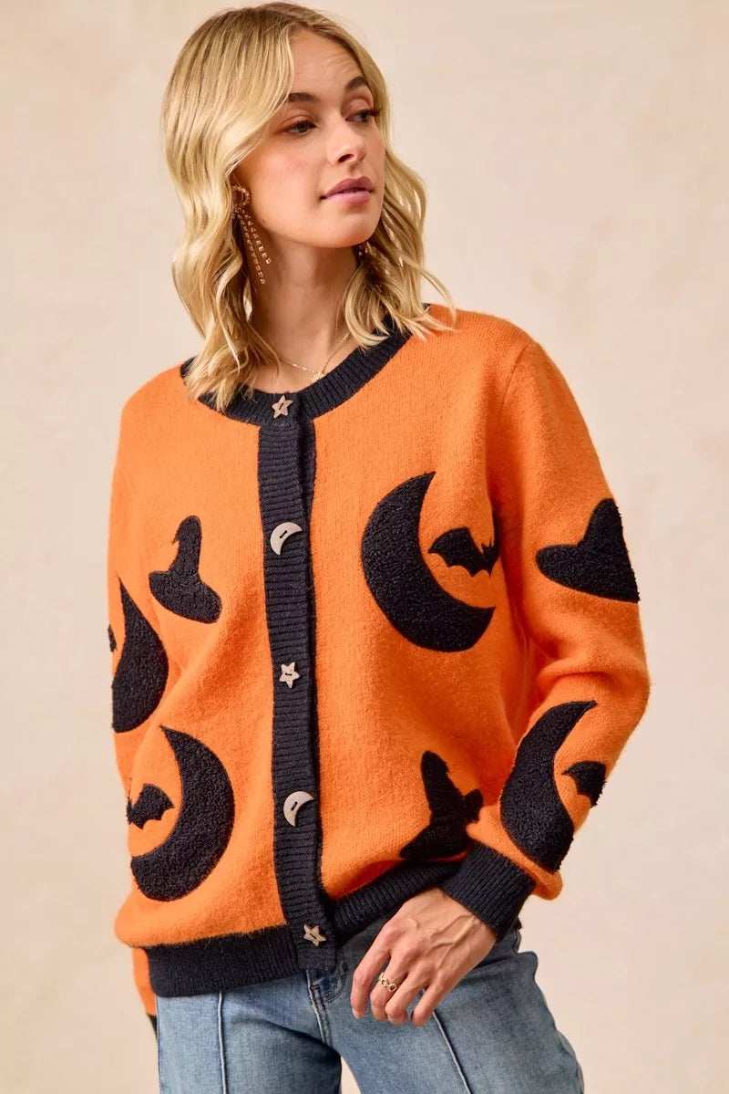 BiBi Halloween Witch Hat Moon Bat Artwork Cardigan - Trendsi - Flyclothing LLC